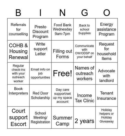 Red Door Outreach Program Bingo Card