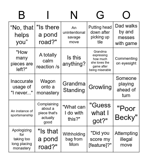 Carcassonne - No Bob or Zach Bingo Card