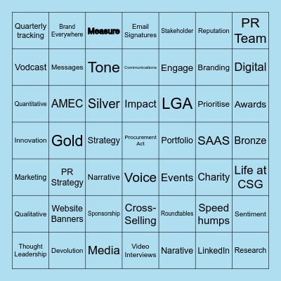 PR Buzz Word Bingo Card