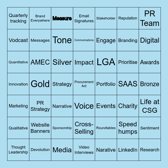 PR Buzz Word Bingo Card