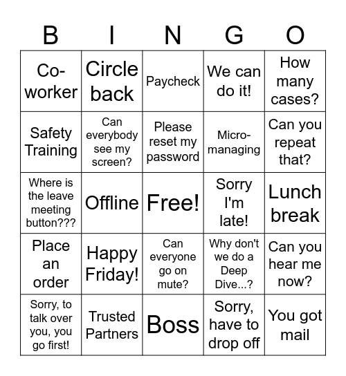 work work work work work! Bingo Card