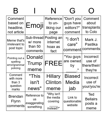 FACEBOOK COMMENT BINGO Card