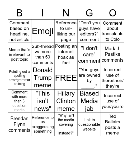 FACEBOOK COMMENT BINGO Card