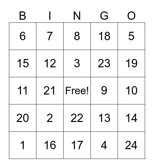 Number Bingo Card