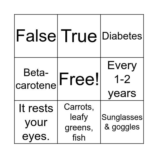 EYE HEALTH Bingo Card