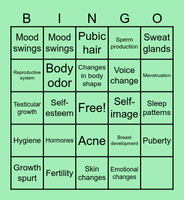 PUBERTY BINGO Card