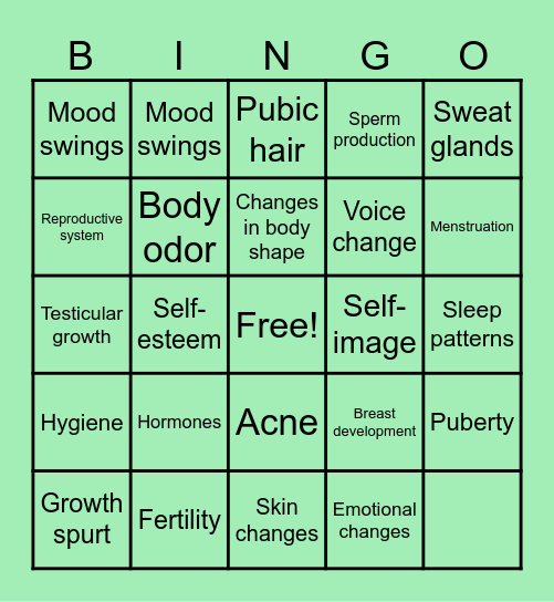 PUBERTY BINGO Card