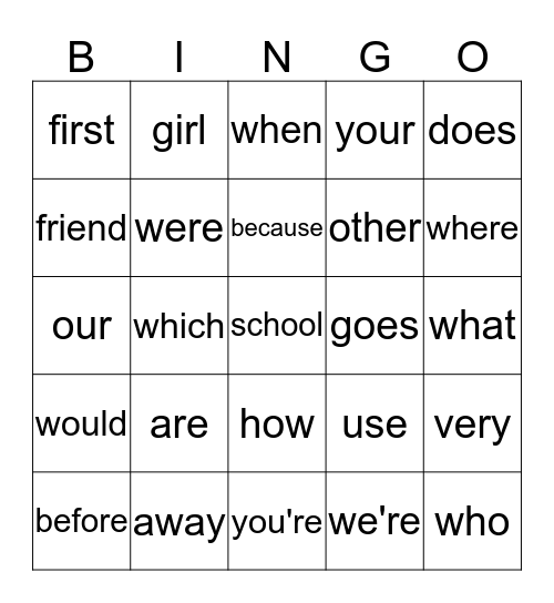 Second Grade Fundamental Writing Words Bingo Card