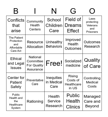 Public Health and the Healthcare System Bingo Card