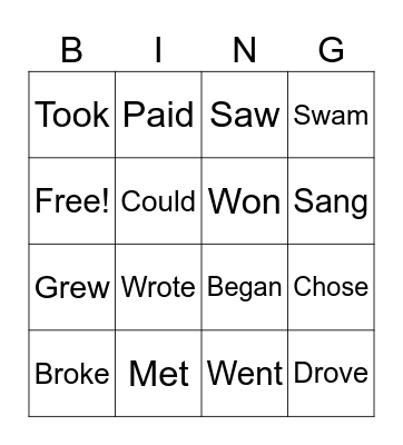Past Tense Irregular Verbs Bingo Card