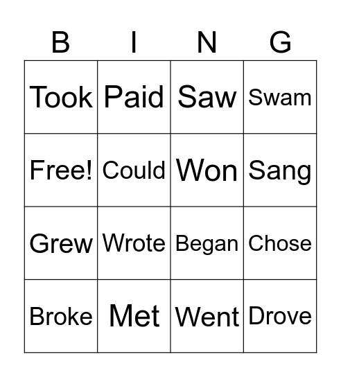 Past Tense Irregular Verbs Bingo Card