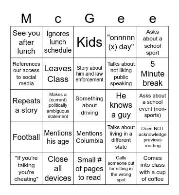 McGee Bingo Card