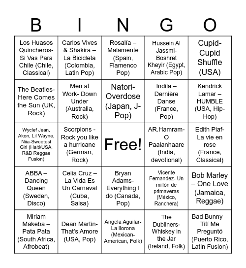 Music Bingo- International Songs Edition! Bingo Card