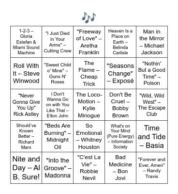 1988 SONGS Bingo Card
