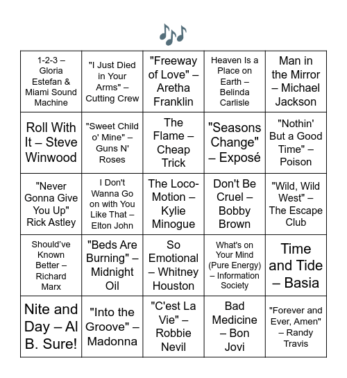 1988 SONGS Bingo Card