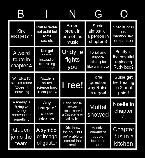 Deltarune chapter 3 and 4 Bingo Card