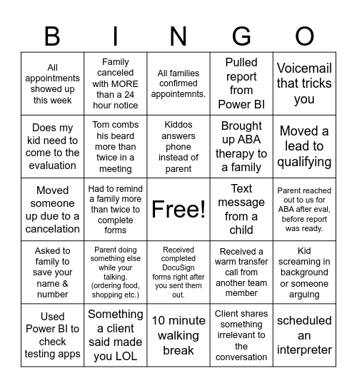 Family Advocate Coordinator BINGO Card