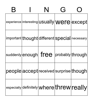 Fifth Grade Fundamental Writing Words Bingo Card