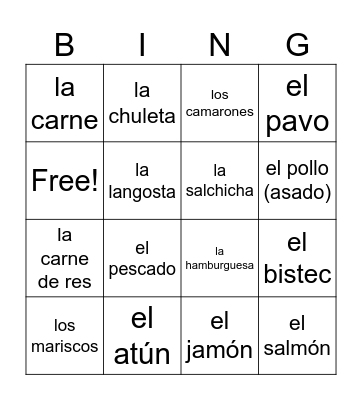 La carne y el pescado Bingo Card