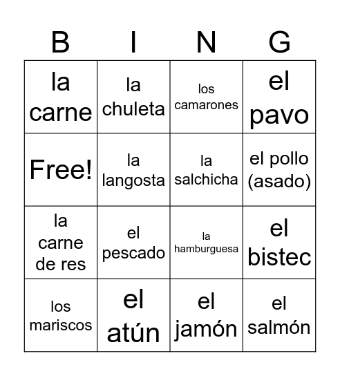 La carne y el pescado Bingo Card