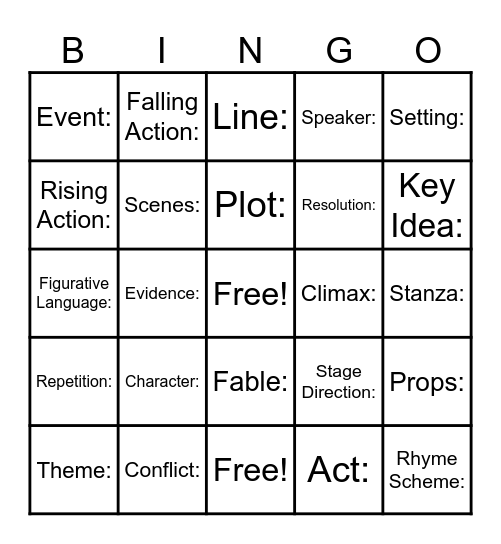 ELAR Vocabulary Bingo Card
