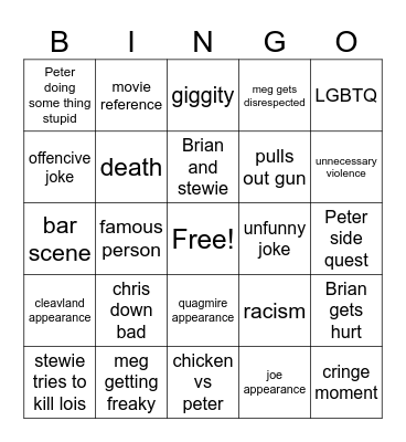 family guy Bingo Card