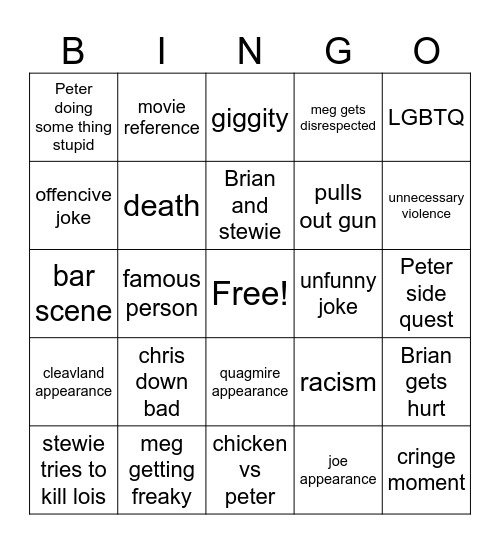 family guy Bingo Card