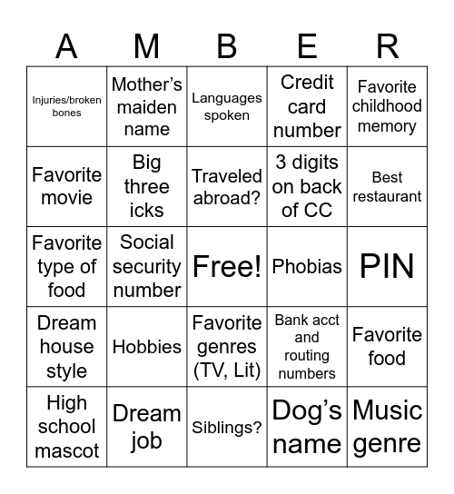 Amber Bingo Card