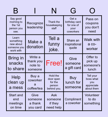 Random Acts of Kindness Bingo Card