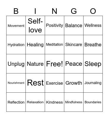 Mntal Health Bingo Card