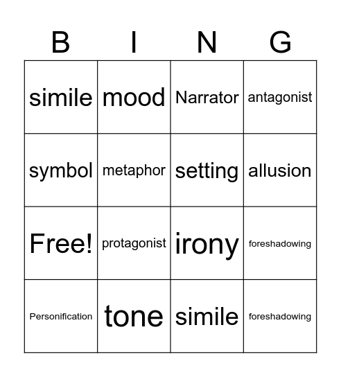 Literary Bingo Card