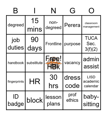 LISD Substitue Bingo Card