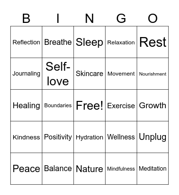 Mental Health Bingo Card