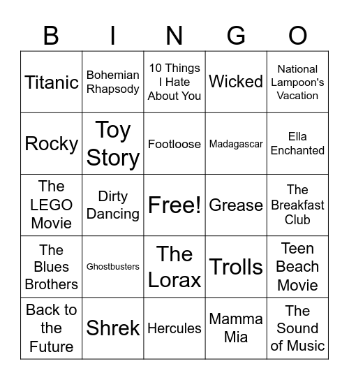 Movie Singo Bingo Card