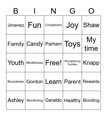 Strengthening Families Bingo Card