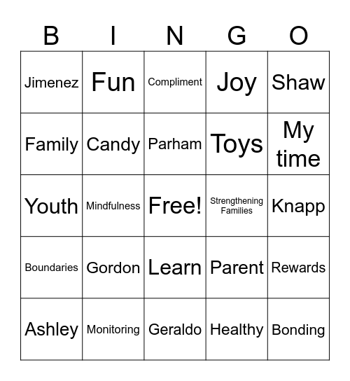 Strengthening Families Bingo Card