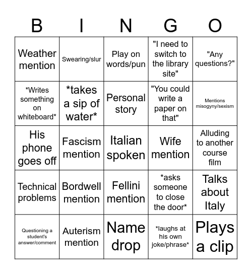 FS330: Kilbourn Bingo Card