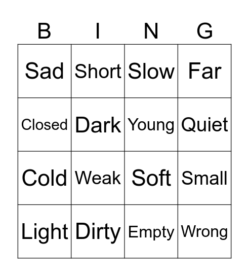 Antonyms Bingo Card