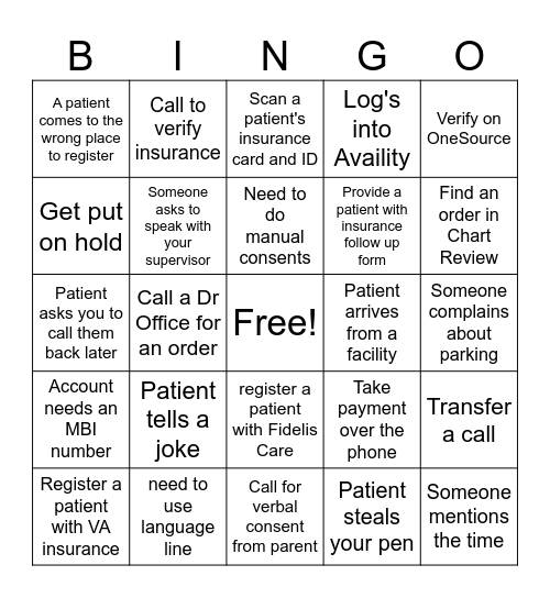 Patient Access Bingo Card