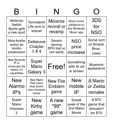 Switch 2 Nintendo Direct Bingo Card