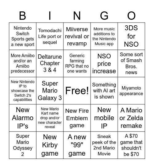 Switch 2 Nintendo Direct Bingo Card