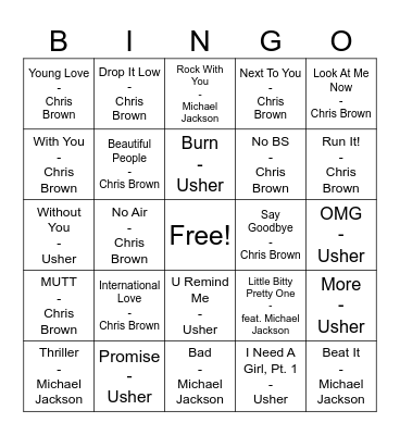 Triple Threat (Usher vs. Chris Brown vs. MJ) Bingo Card