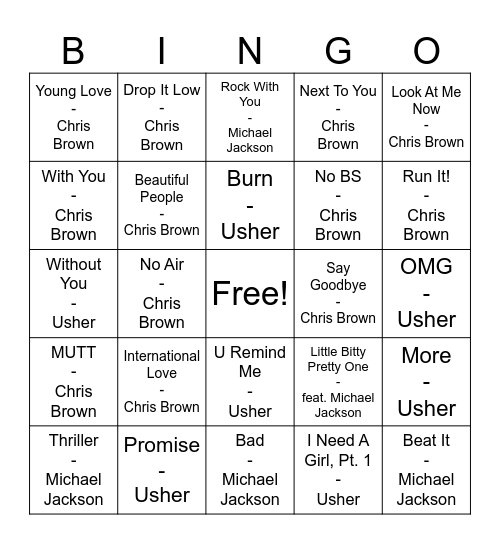 Triple Threat (Usher vs. Chris Brown vs. MJ) Bingo Card