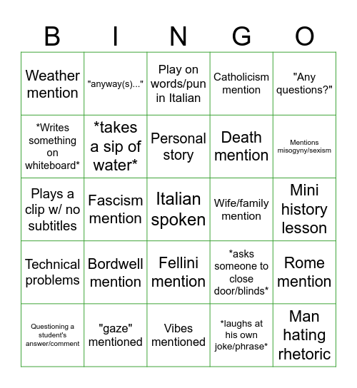 FS330: Kilbourn Bingo Card