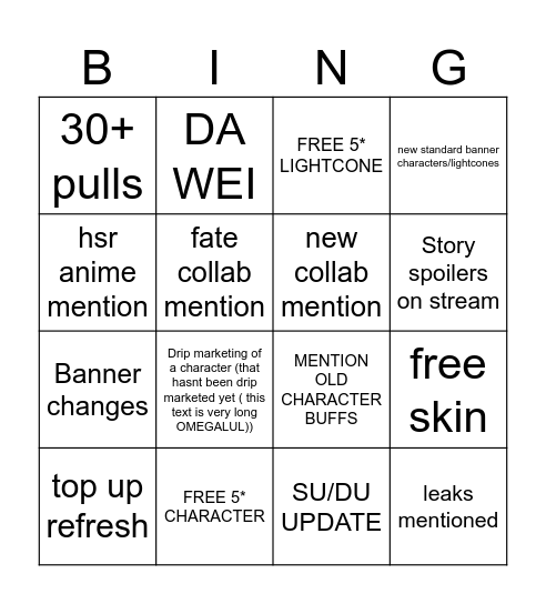 HSR 3.2 LIVESTREAM Bingo Card