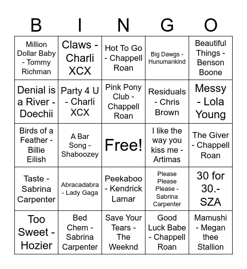 Current Hits Bingo Card