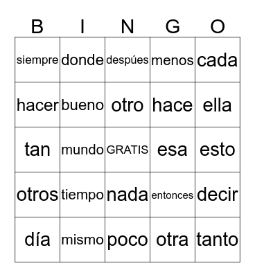 Palabras 76-100 Bingo Card