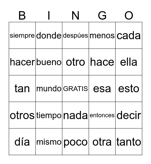 Palabras 76-100 Bingo Card