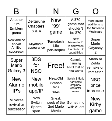 Switch 2 Direct Bingo Card