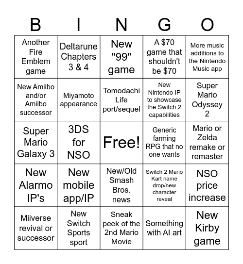 Switch 2 Direct Bingo Card